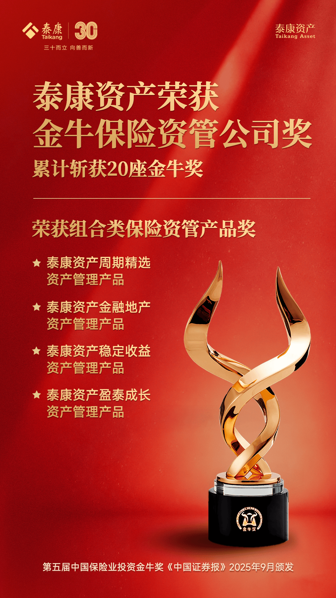 重磅｜泰康资产荣获金牛保险资管公司奖再次揽获五座“金牛奖”！